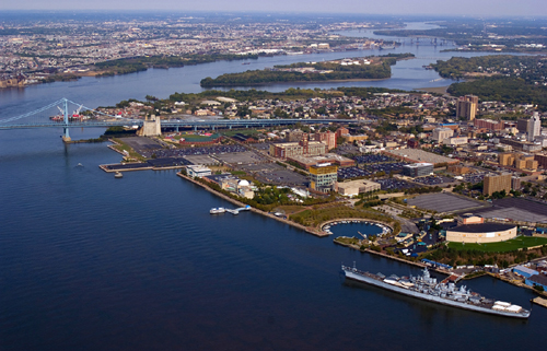 An aerial view of Camden's waterfront, from the southwest.