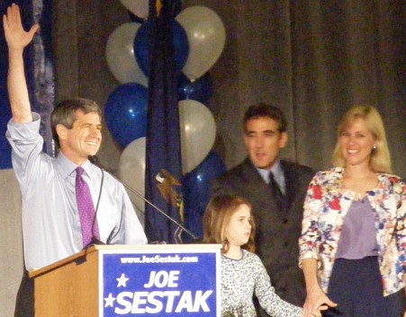 sestak0510 Rep. Joe Sestak celebrates his victory Tuesday night in the Democratic primary for U.S. Senate. Photo by Tom MacDonald/WHYY
