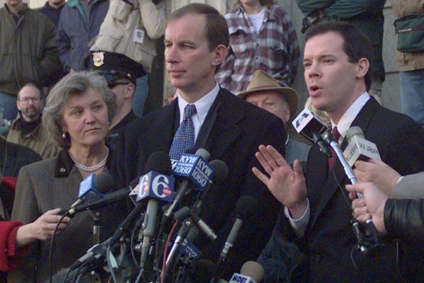 Assistant U.S. Attorney Colm Connolly, right, answers questions from the media as Delaware State Prosecutor Ferris Wharton, center, and Deleware Attorney General Jane Brady, left, listen after a jury convicted Thomas J. Capano for first-degree murder in the death of Anne Marie Fahey. (AP Photo/Charles Rex Arbogast)