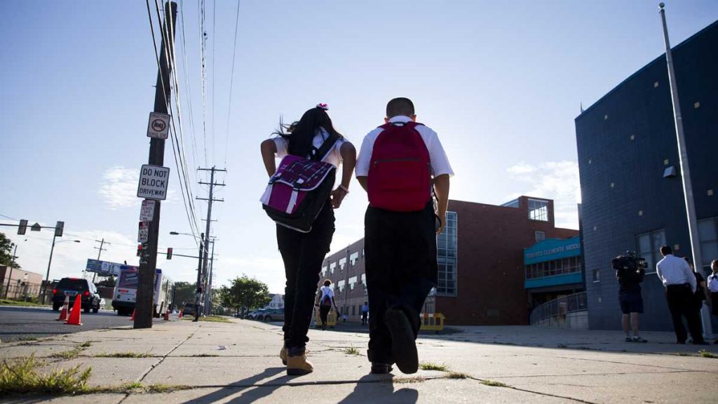 Students arrive on the first day of school in Philadelphia, Pennsylvania. (AP Photo/Matt Rourke)