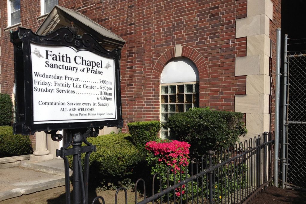 Façade of the Church, facing East Price Street. Signage with the name of Bishop Eugene Graves honors his legacy.