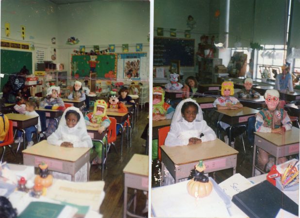 Diane Precht sits in class with her peers dressed in Halloween costumes. (Courtesy of Diane Precht)