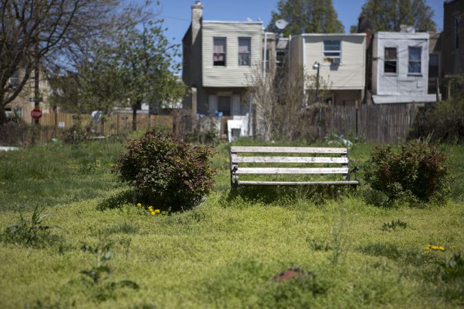A bench and a bit of landscaping can be found in a lot that was once used as a community garden. (Photo by Jessica Kourkounis)