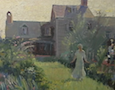 a painting of a woman in front of a house