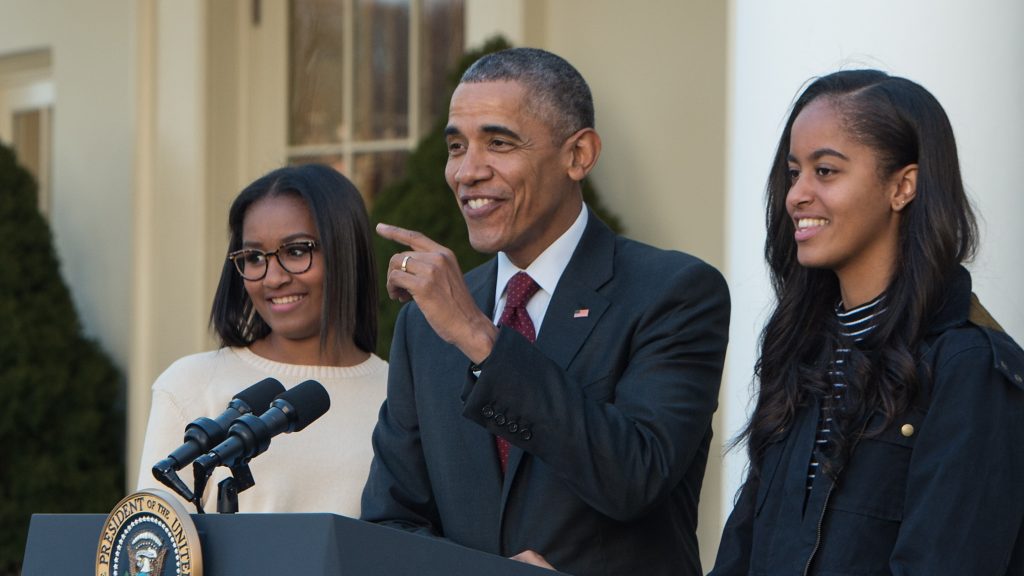 President Barack Obama with daughters Sasha (left) after Malia at his side, after “pardoning” the National Thanksgiving Turkey in the Rose Garden at the White House on Nov. 25, 2015. President Barack Obama with daughters Sasha (left) after Malia at his side, after