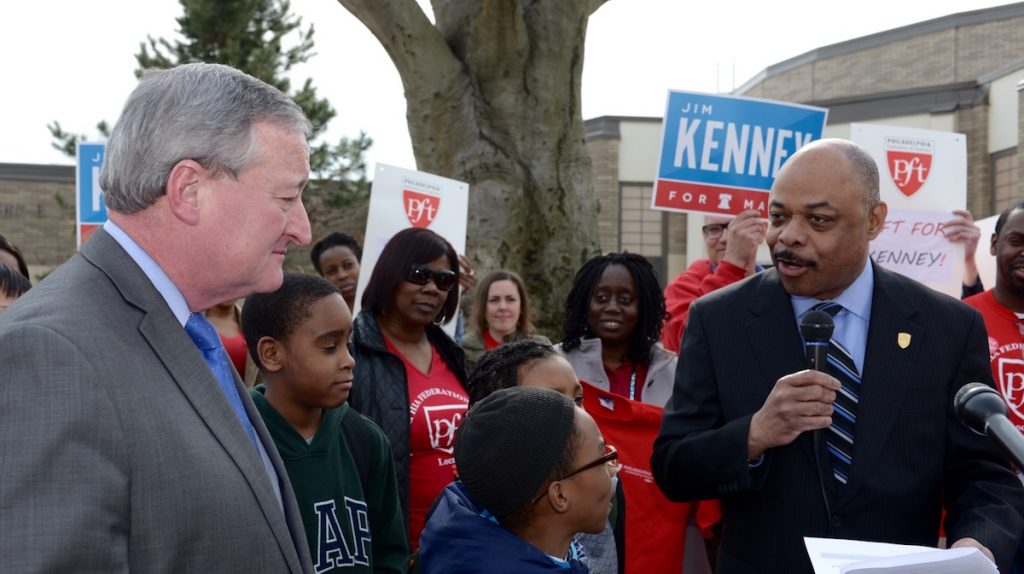 02-bs0891 Jim Kenney at a rally with Jerry Jordan, president of Philadelphia Federation of Teachers during the 2015 mayor's race. (Bas Slabbers for WHYY)