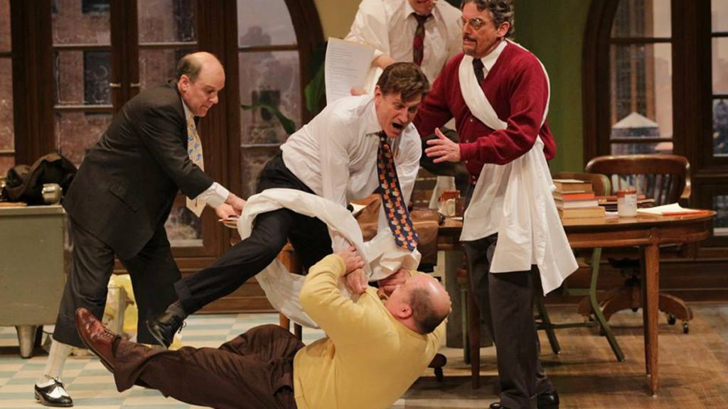  Bruce Graham, Benjamin Lloyd, David Edwards, Carl Wallnau, and George Deihl in “Laughter on the 23rd Floor,” onstage at Bristol Riverside Theatre through April 13. (Photo courtesy of Bristol Riverside Theatre) 