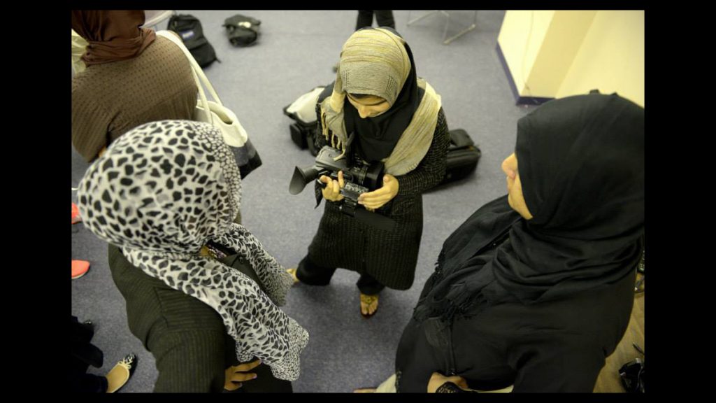 03_1200x675 Camera training with Lajna Ima’illah (the women's auxiliary of Ahmadiyya Muslim Community) at Scribe Video Center while in production on 'Maidservants of Allah: Muslim Women in Perspective.' (Image courtesy of Lori Waselchuk)