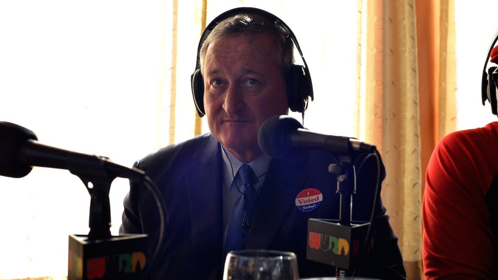 07_bs10011-9 Listen up, Mr. Mayor-elect: Dave Davies has a few pieces of advice for Jim Kenney, shown here during an Election Day broadcast on WURD. (Bas Slabbers/for NewsWorks)