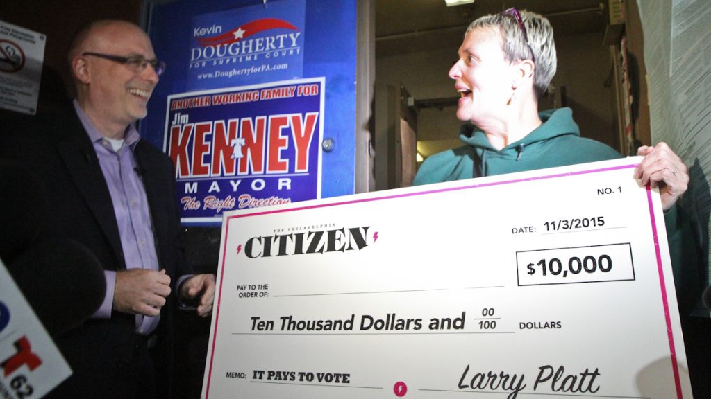 10k-voter-1-of-1-3 10th and Bigler crossing guard Bridget Conroy-Varnis irecieves 10K after voting.(Kimberly Paynter/WHYY)