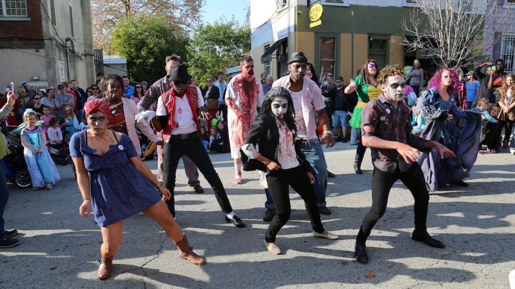 11-2 Zombies took over Cotton Street lurching out with eerie dance moves for a chance to win a $100 cash prize (Natavan Werbock/for NewsWorks)
