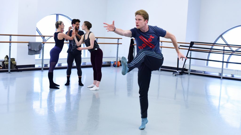 BalletX dancers (from left) Skyler Lubin, Edgar Anido, Chloe Felesina and Daniel Mayo, rehearse for ''Identity without Attribute,'' an original ballet choreographed by Matthew Neenan. (Bill Hebert/BalletX)