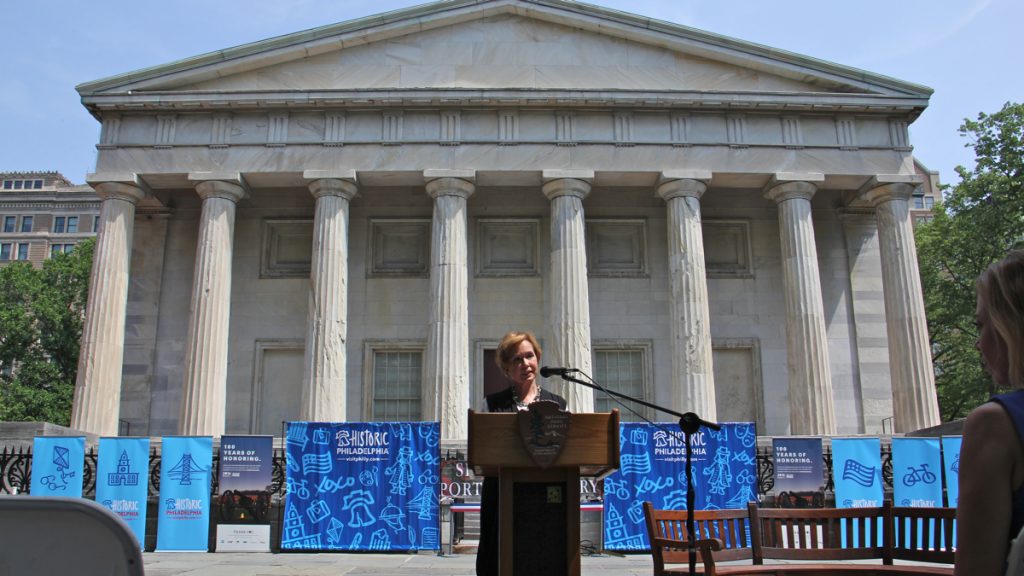 Meryl Levitz, president and CEO of Visit Philadelphia, announces the reopening of the Portrait Gallery at the Second Bank in Old City. (Emma Lee/WHYY)