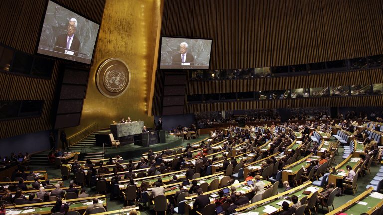  Palestinian President Mahmoud Abbas calls on the U.N. to admit Palestine as a non-member state in 2012.  (AP Photo/Seth Wenig) 