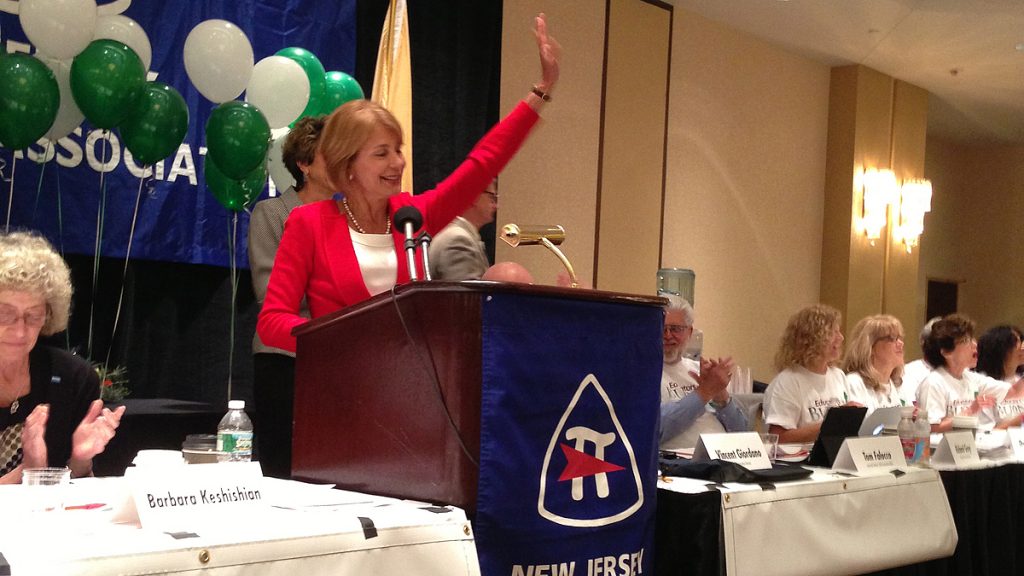 20130911-buono-njea-1200 Democrat Barbara Buono appears at the New Jersey teachers union conference in East Brunswick. (Photo by Buono for Governor's Flickr page)