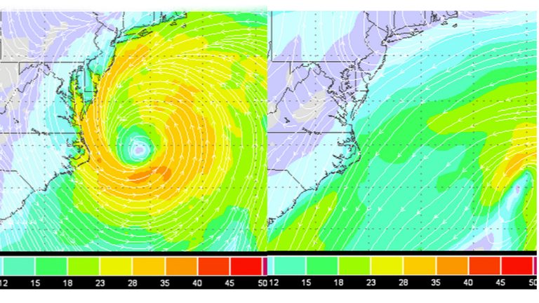  The latest ECMWF model run (left) shows the storm off North Carolina's Outer Banks at 6:00 p.m. Sunday. The strongest winds around 35-40 mph. But there's no storm in the latest GFS model run (right).  