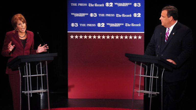  New Jersey gubernatorial candidates, Republican Governor Chris Christie, right, and Democrat State Senator Barbara Buono meet in governor's race debate at William Paterson University in Wayne, N.J., on Tuesday, Oct. 8, 2013. (AP Photo/The Record of Bergen County,Marko Georgiev, Pool ) 