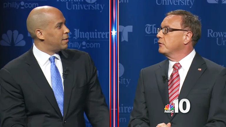  (Cory Booker (left) and Steve Lonegan met in two debates. This image is from Oct 9 at Rowan University. (Image via NBC10.com) 