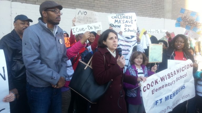  Parents and students protested changes coming changes at Cook-Wissahickon Elementary School in Roxborough on Friday morning. (Aaron Moselle/WHYY) 