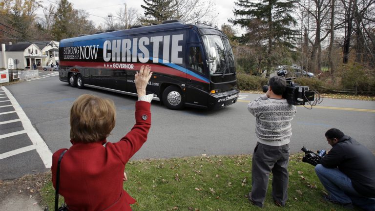  Governor Chris Christie's campaign bus leaving Mendham Township, N.J. after a campaign visit yesterday.  (AP Photo/Mel Evans) 