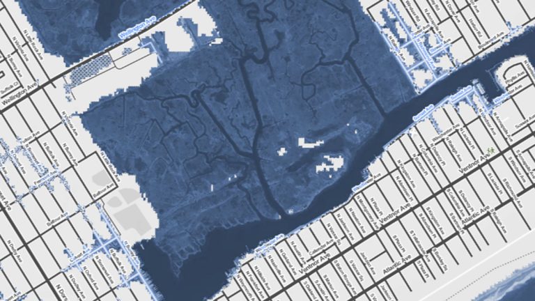  The area in dark blue will likely be underwater by 2100. (Image via Surging Seas map) 