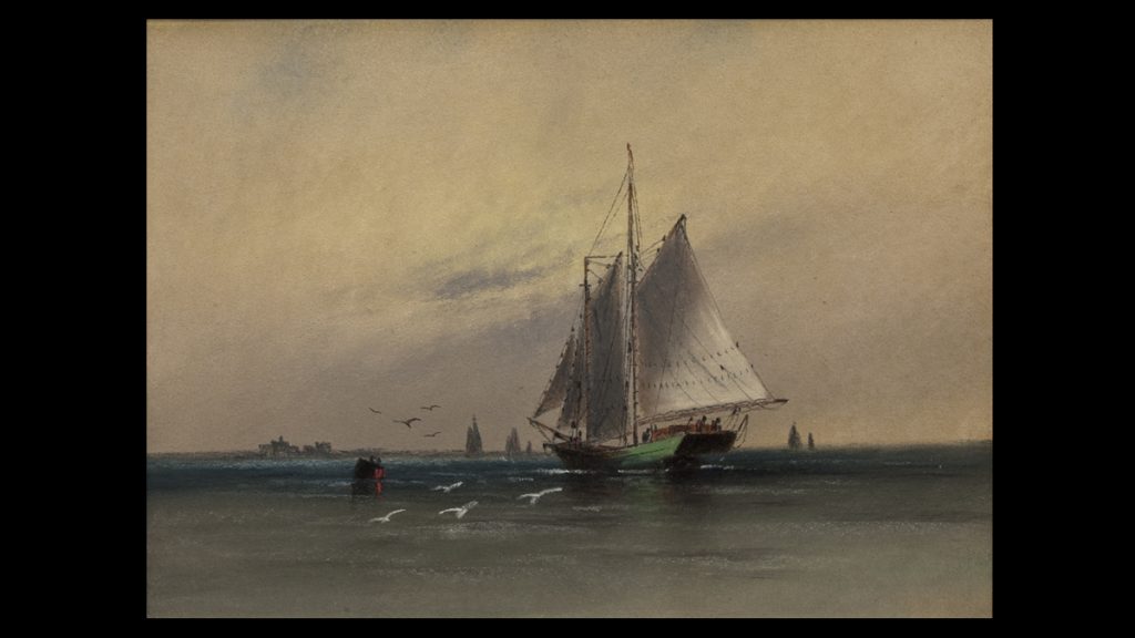 20131120-morven-1-1200-sail Two Masted Schooner near Tucker’s Island, New Jersey. William G. Russell (b. 1869).Pastel on paper.