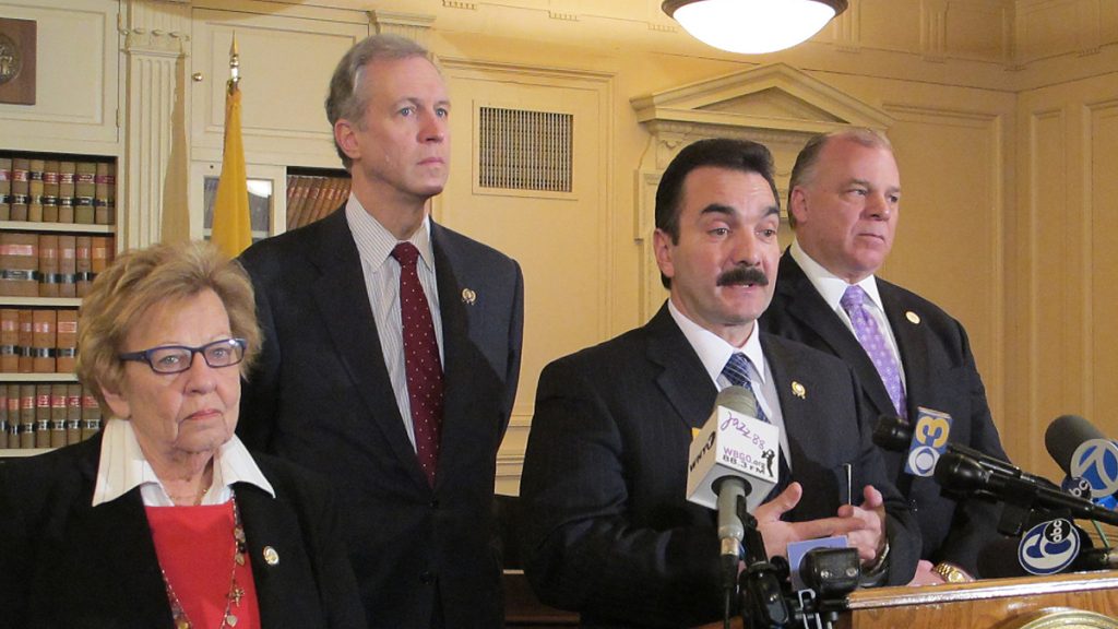 20140121-combine-committee-1200 Democratic leaders in N.J. Assembly and Senate leaders announcing the merging of committees (Phil Gregory/for NewsWorks)