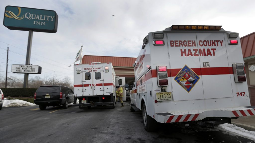 Super Bowl Suspicious Powder Football Emergency vehicles are parked outside a Quality Inn in Lyndhurst, N.J. (AP Photo/Charlie Riedel)