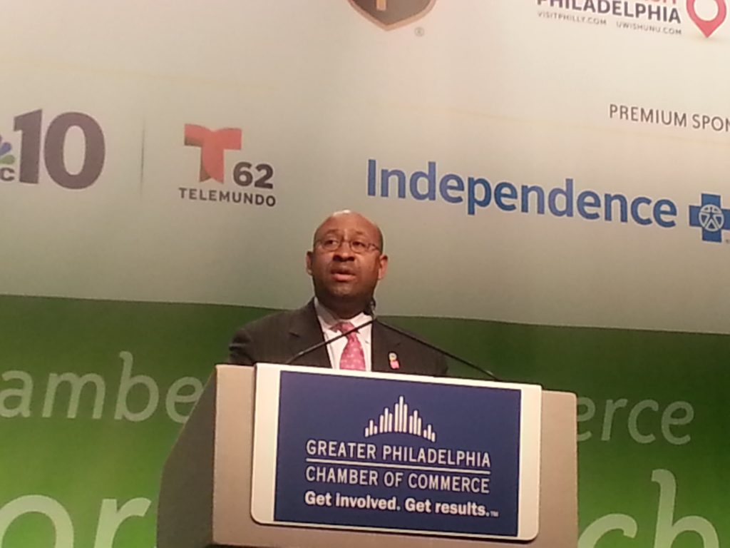 20140218_130118 Philadelphia Mayor Michael Nutter addresses the Greater Philadelphia Chamber of Commerce Tuesday, Feb. 18, 2014 (Tom MacDonald/WHYY)