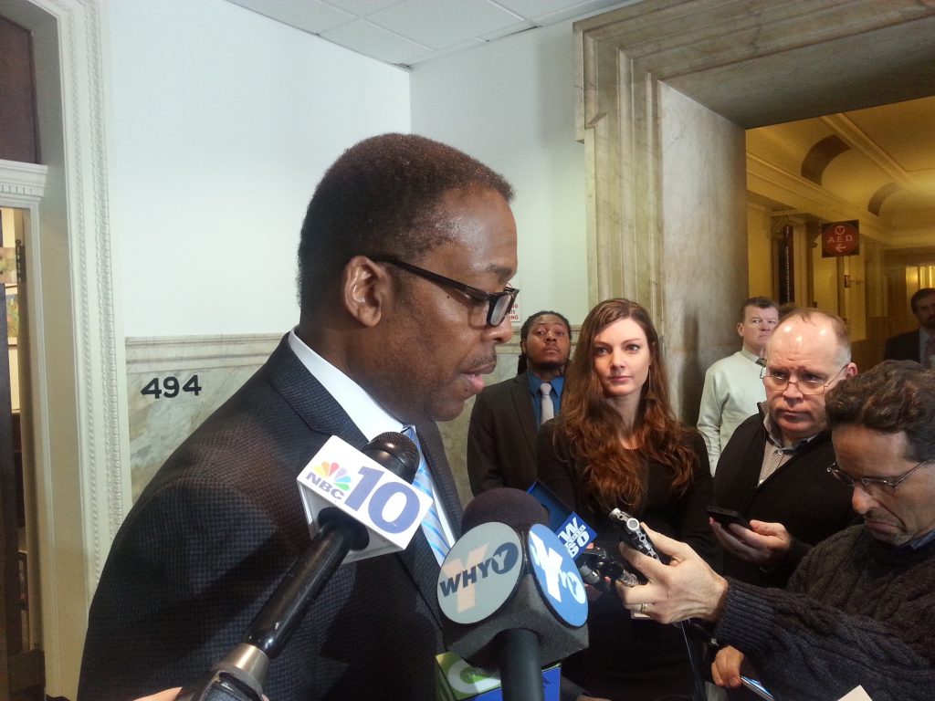 20140304_110324 Council President Darrell Clarke talks to reporters (Tom MacDonald/WHYY)