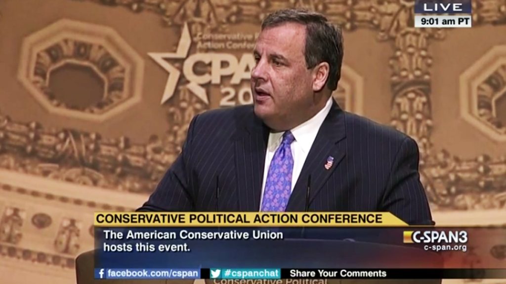20140306-govchristie-cpac-1-1200 New Jersey Gov. Chris Christie speaking this morning at the Conservative Political Action Conference. (Image from C-SPAN)
