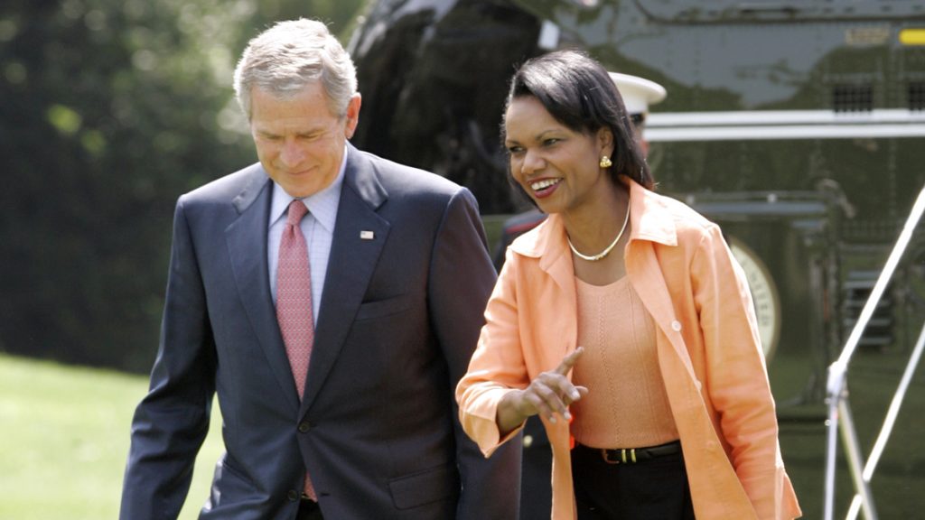 20140317-condi-rice-1200 President Bush and Secretary of State Condoleezza Rice in Washington, Sunday, Sept. 3, 2006. They were returning from Camp David. (AP File Photo/Gerald Herbert)