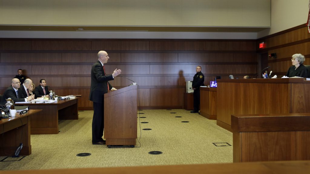 Reid Schar, Bridget Anne Kelly, Michael Critchley, Edmund DeNoia, Kevin H. Marino, Mary Jacobson Reid Schar, special counsel to a legislative committee investigating the traffic jams, is shown on March 11, 2014 asking the court to enforce two subpoenas. (AP Photo/Mel Evans, Pool)