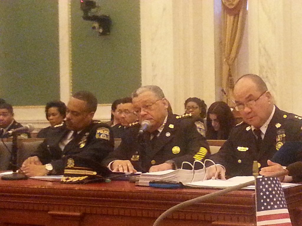 20140409_102008 Polie Commissioner Ramsey (Center) flanked by deputies as he talks to City Council (Tom MacDonald/WHYY)