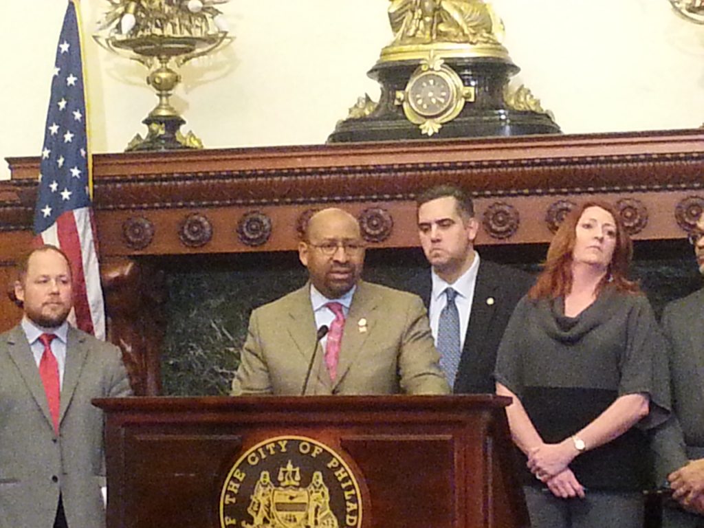 20140416_103001 Mayor Nutter addresses the media on elevator issues at the One Parkway building in Philadelphia (Tom MacDOnald/WHYY)