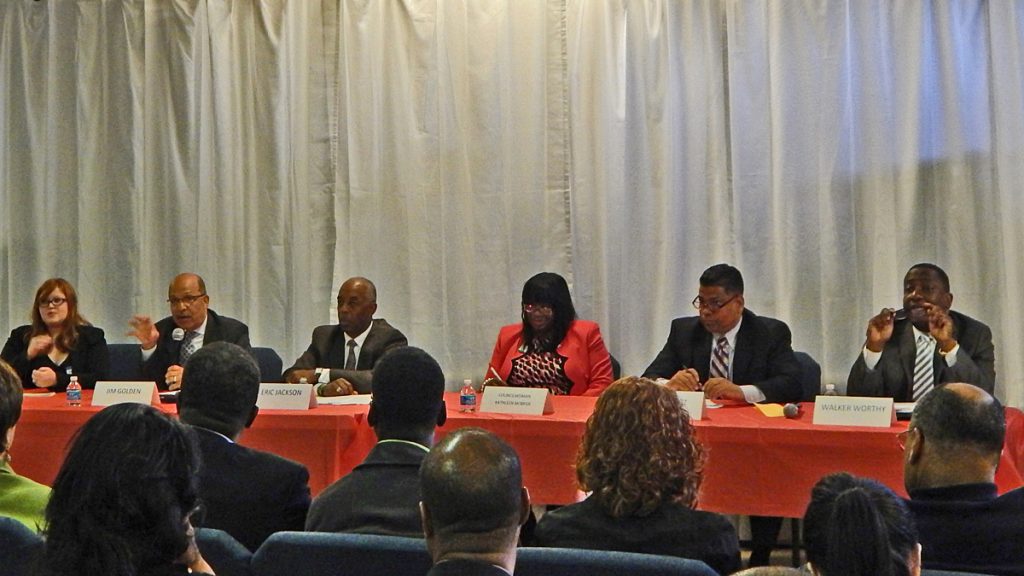 20140428mayoral-candidates1-by-citizens-campaign-1200 Citizens Campaign moderator (left) Heather Taylor with five of the six Trenton mayoral candidates. (Courtesy of the Citizens Campaign)