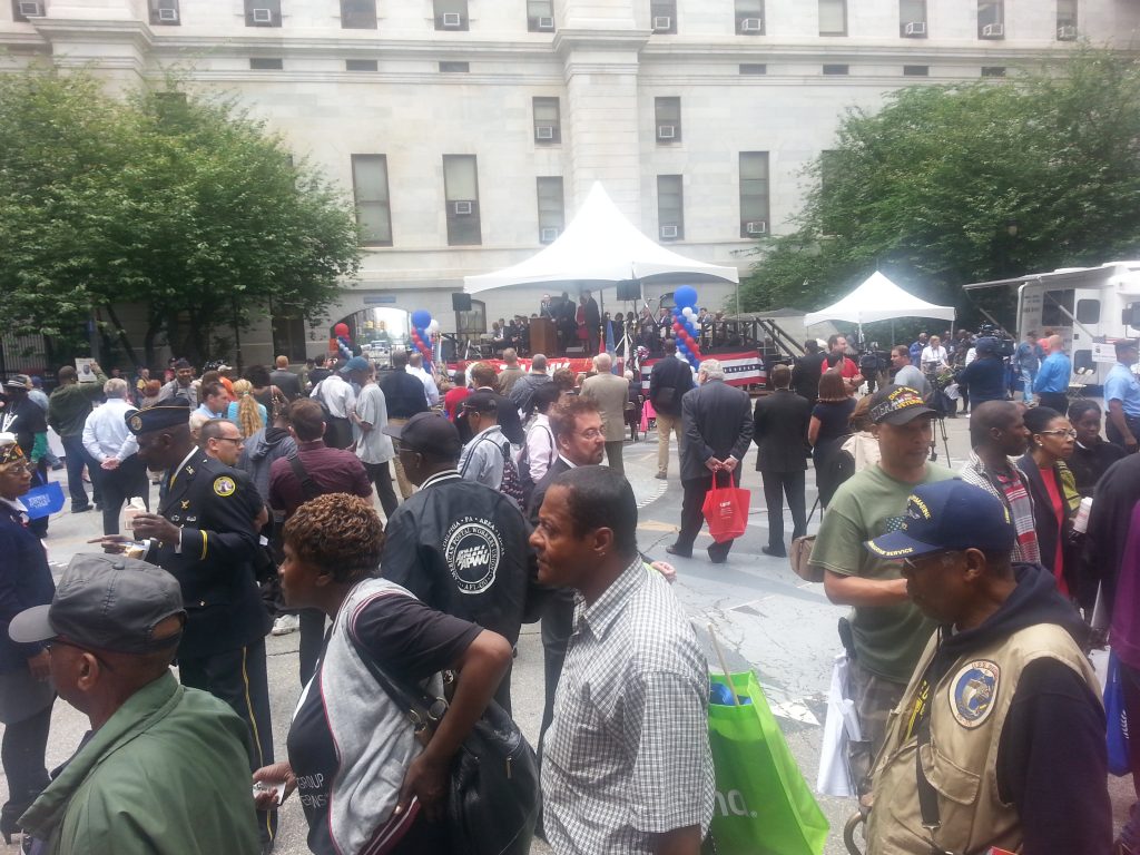  City Hall courtyard is filled with veterans. (WHYY/Tom MacDonald) 