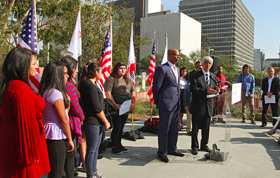 20140619-9-kids-1200 Attorneys and nine California students who sued the state to abolish its teacher tenure laws address the media. (AP Photo/Nick Ut)