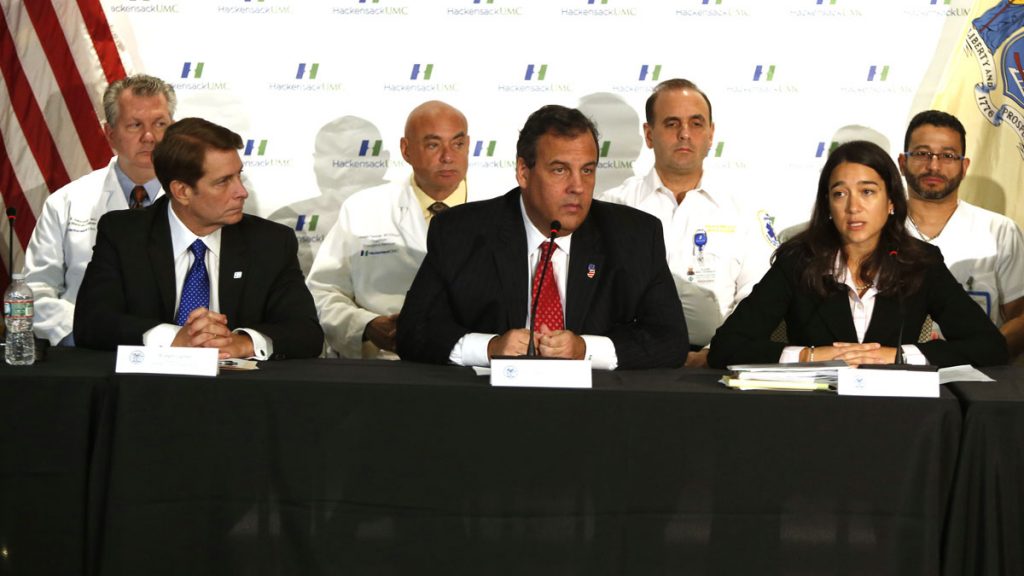 Ebola Preparedness Plan Gov. Chris Christie, center, outlines New Jersey's preparations for the possibility of Ebola. State Health Commissioner Mary O'Dowd, left, said there are no confirmed or suspected cases in the Garden State. (Tim Larsen/Governor's Office)