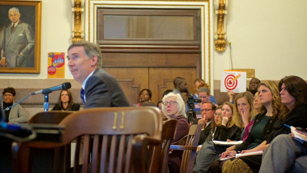 Mark Gleason, executive director of the Philadelphia School Partnership, presents at the hearing on Tuesday. (Bas Slabbers/for NewsWorks)