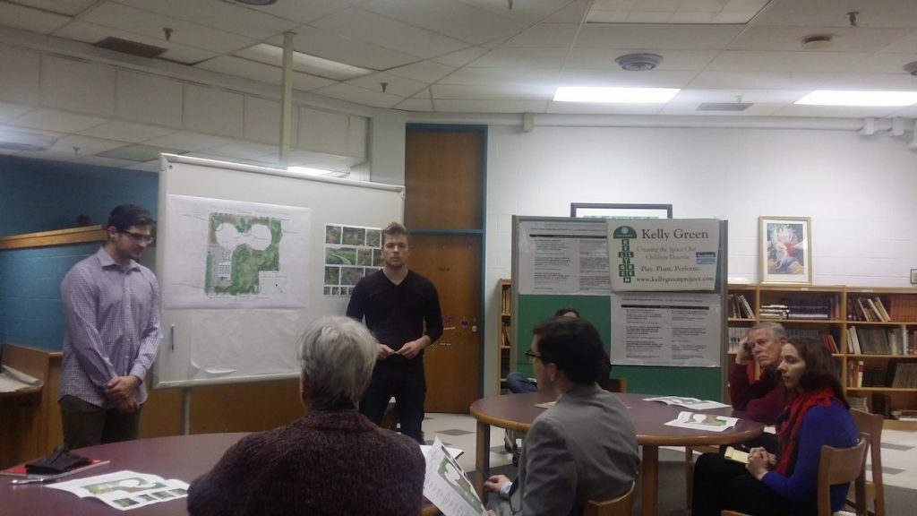 20150223_183534 Philadelphia University landscape architecture students Nick D'Ottavio and Alex Trunk revealed the latest details of the landscape redesign plan. (Queen Muse/for NewsWorks)