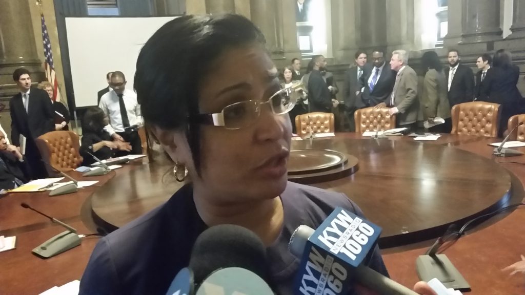 20150226_101322 Philadelphia Councilwoman Quiñones-Sánchez discusses the proposal to make the city's agencies and departments more accessible to non-English speakers. (Tom MacDonald/WHYY)