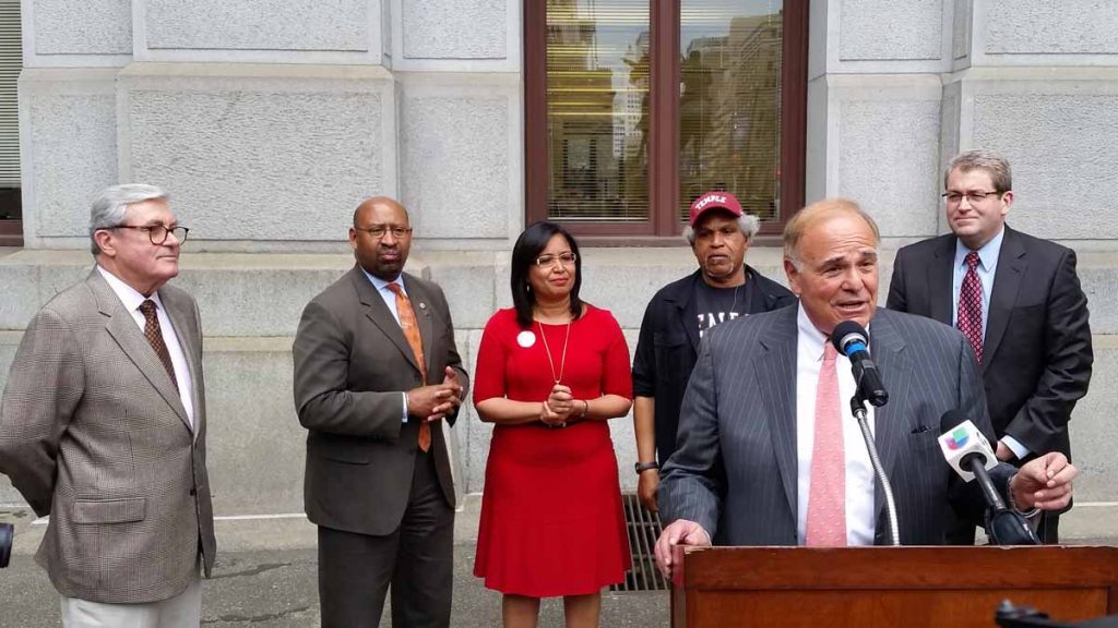 20150505_171306-3 Former Mayor and Gov. Ed Rendell speaks to crowd supported by, from left, former Mayor Bill Green Sr., Mayor Michael Nutter, Councilwoman Maria Quiñones-Sánchez, former Mayor John Street and former Councilman Bill Green Jr. (Tom MacDonald/WHYY)