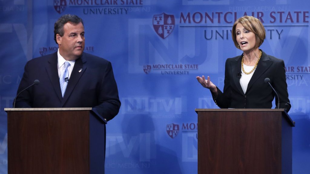 Chris Christie, Barbara Buono Gov. Chris Christie, left, listens as Democratic challenger Barbara Buono answers a question during their debate Tuesday, Oct. 15, 2013. (AP Photo/Mel Evans)