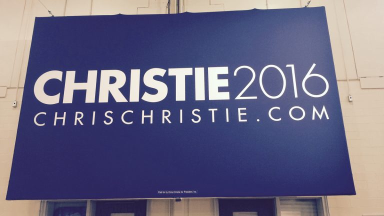  A Christie hanging inside the Livingston High School gym this morning. (Phil Gregory/for NewsWorks) 