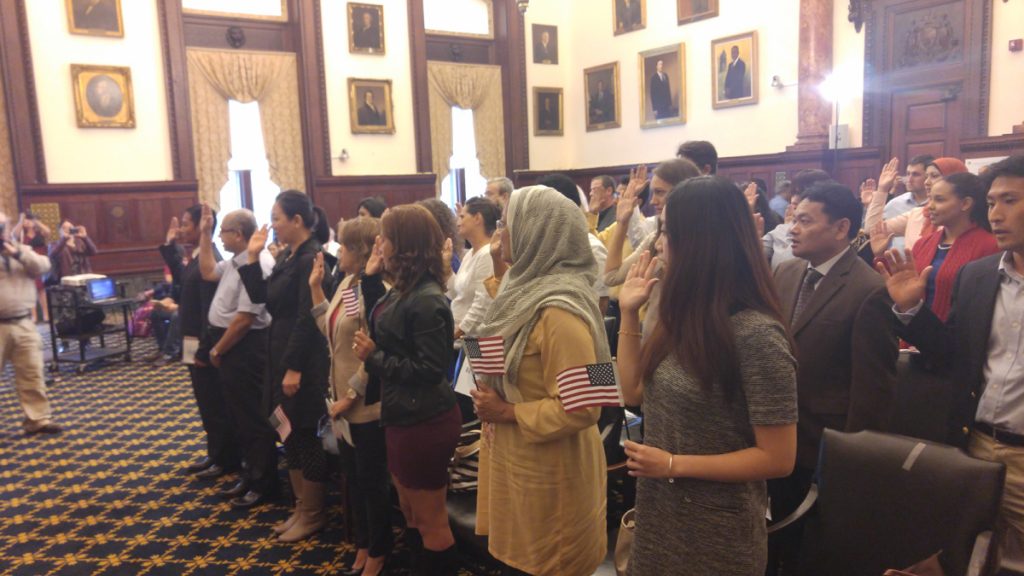 20151014_144559 Thirty-three men and women from 19 countries took the Oath of Citizenship at City Hall in Philadelphia Wednesday.(Tom MacDonald/WHYY)