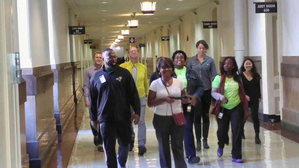 20151016_121517 City Councilwoman Blondell Reynolds Brown leads a group of city workers on one of their twice-weekly walks along the corridors of City Hall. (Tom MacDonald/WHYY)