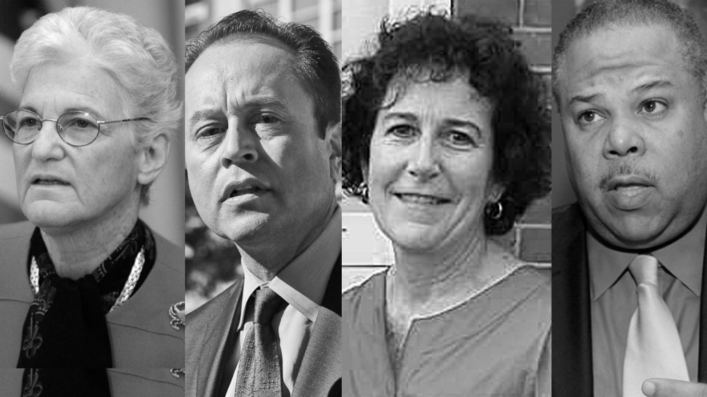 2015mayoralcandidatesx1200 (From left) Former District Attorney Lynne Abraham, Former city solicitor Ken Trujillo, Terry Gillen, a former aide to Nutter, and State Sen. Anthony Hardy Williams (NewsWorks Image)