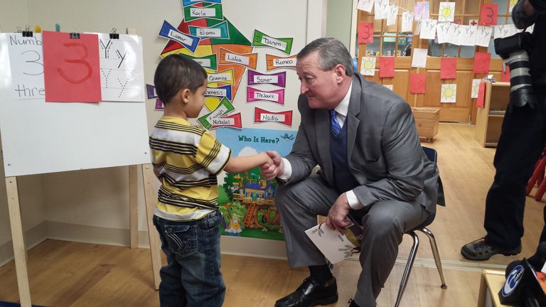  Philadelphia Mayor Jim Kenney meets with students at Kinder Academy – a top-rated preschool option in Northeast Philadelphia. (Kevin McCorry) 