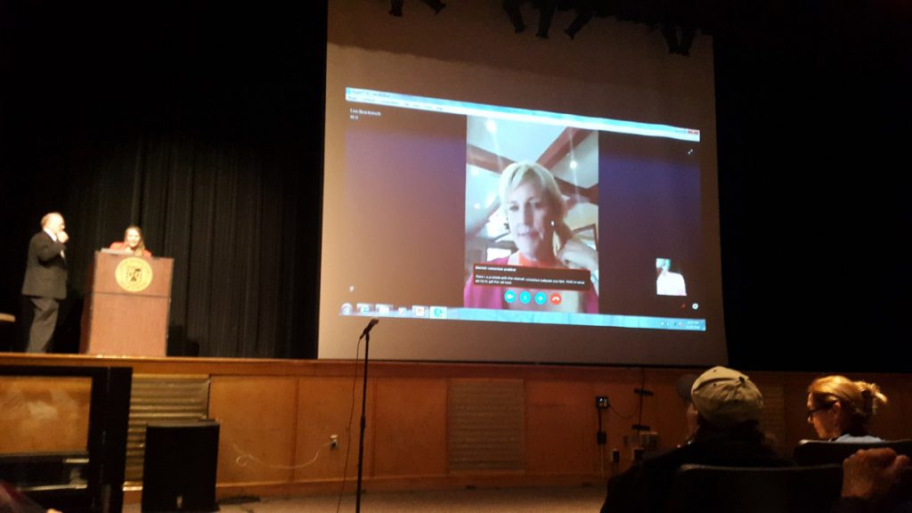 20160628_183413 Erin Brockovich Skypes in to the meeting. (Laura Benshoff/WHYY)
